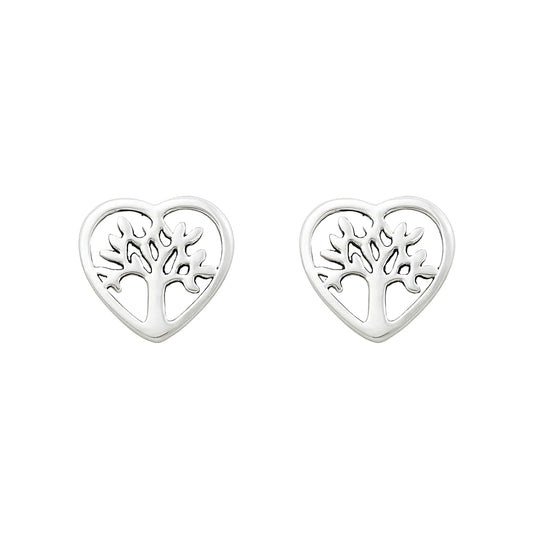 Tree of Life Earrings - 925 Sterling Silver Heart Studs with delicate tree design