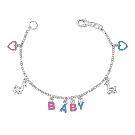 Baby and Toddler Bracelets:  Sterling Silver Pink Blue B A B Y Charm Bracelets