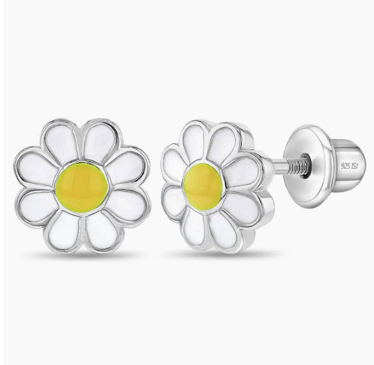 Daisy-shaped earrings with yellow centers on a white background