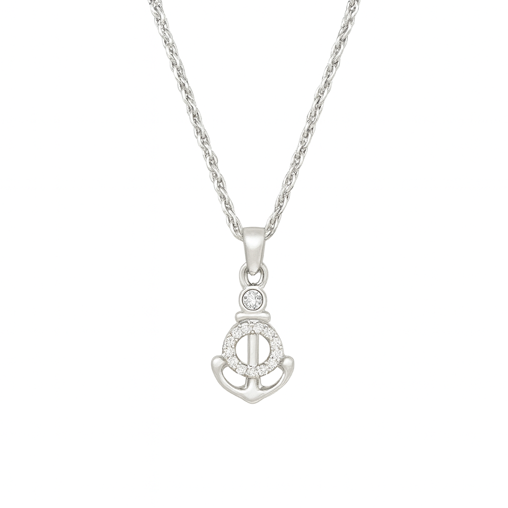 sterling silver anchor necklace with cubic zirconia circle of life on a white background