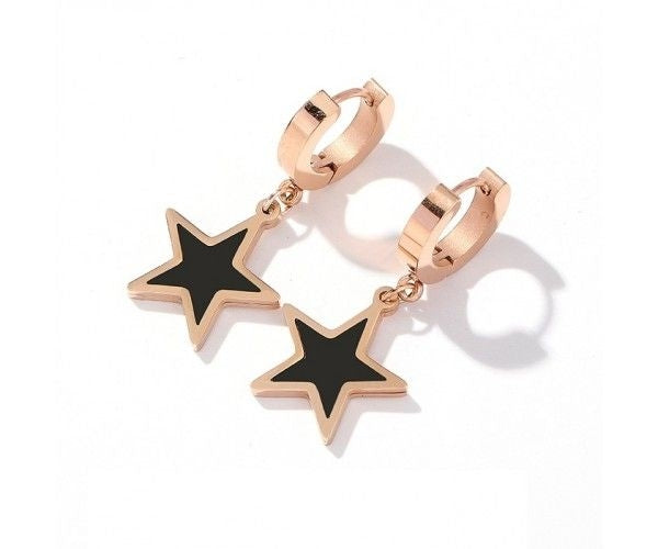 Teens' and Mothers' Earrings: Steel with Rose Gold IP Huggie Hoops with Black Stars