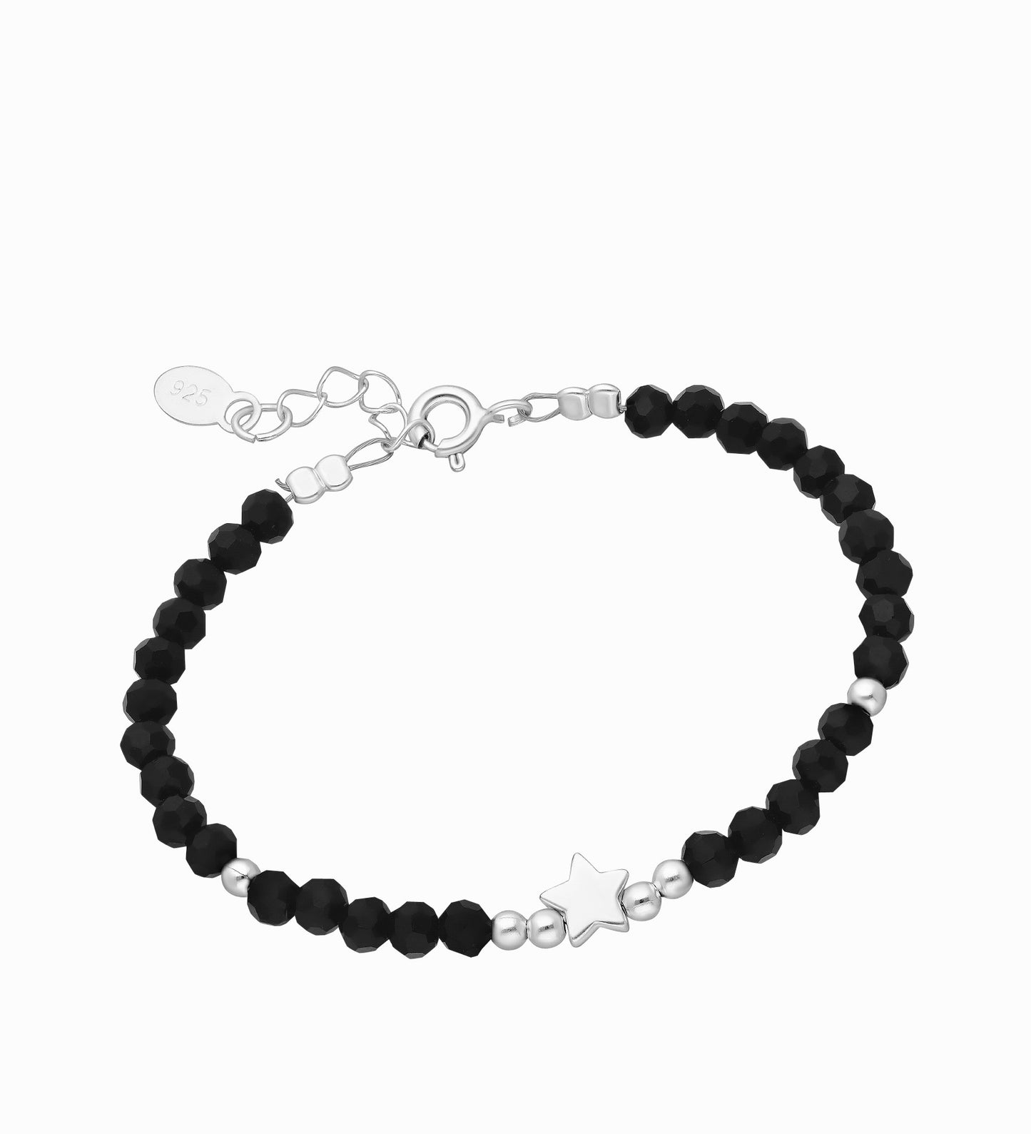 A sterling silver and black crystal bracelet with a star and small silver beads, designed for babies and children, presented on a gift box.
