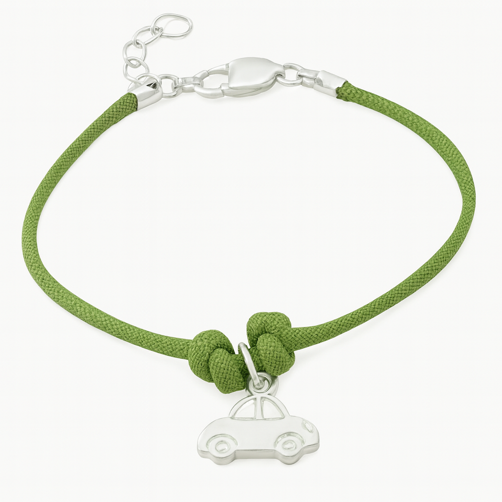 Boys' bracelet with green cord and sterling silver car charm, displayed on a plain white background.