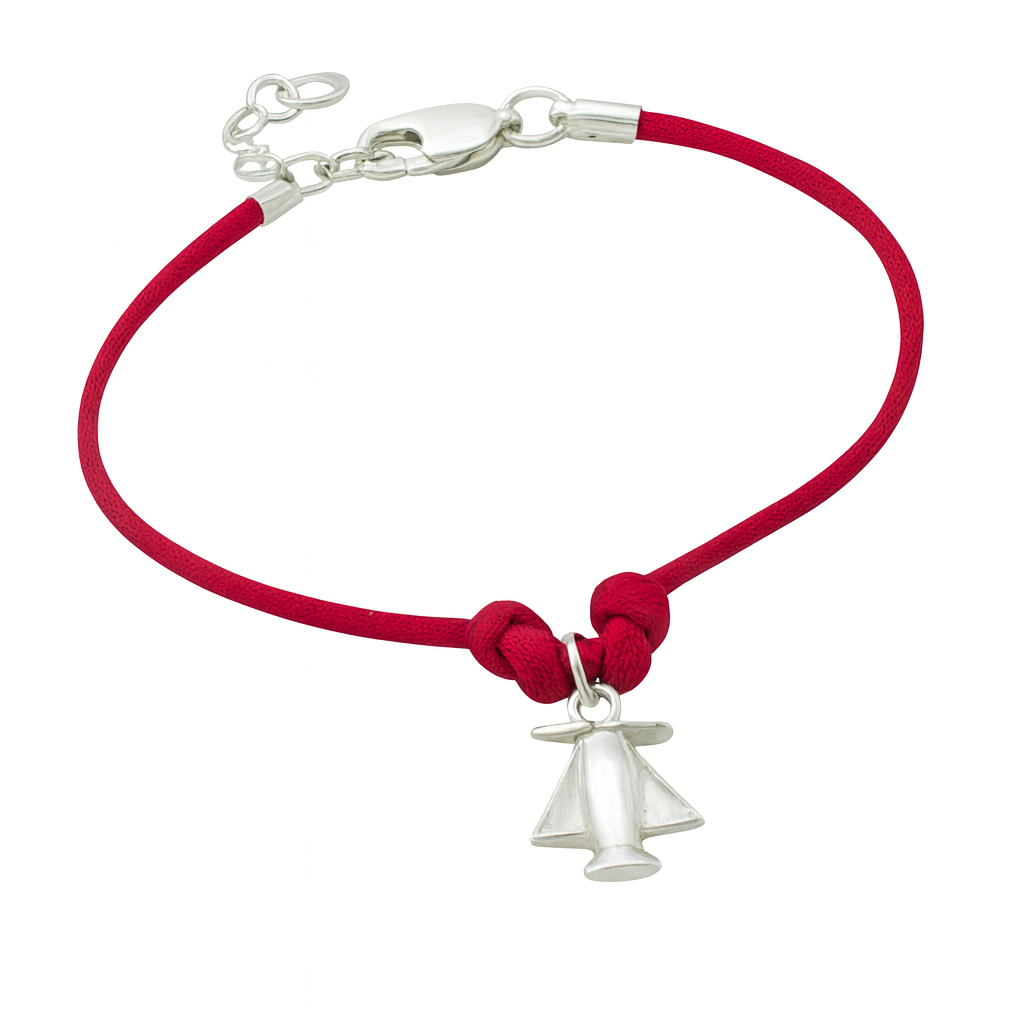 boys red cord bracelet with sterling silver aeroplane charm on a white background
