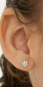 close up of a young girls' ear with clear cz flower cluster stud earrings
