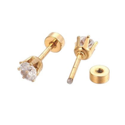 Gold stud earrings with clear cubic zirconia and screw backs on a white background