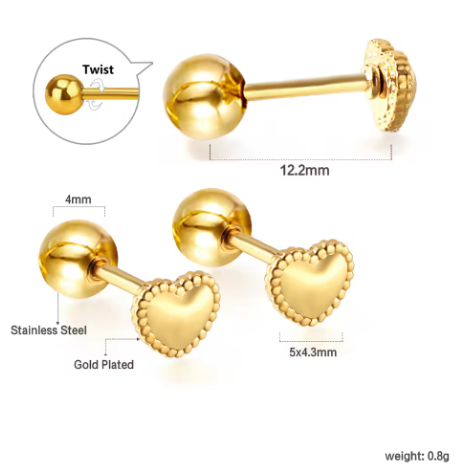 Gold‑plated stainless steel barbell earrings with a twist‑off 4 mm ball on one end and a beaded‑edge crimped heart (5 × 4.3 mm) on the other; 12.2 mm post length; total weight 0.8 g.