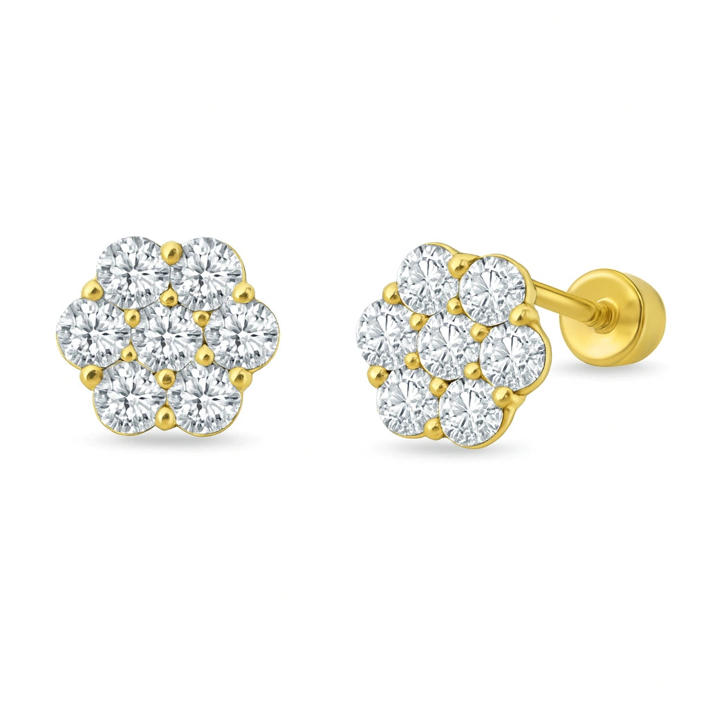 Children's gold earrings - 14k solid gold CZ flower earrings with screw backs