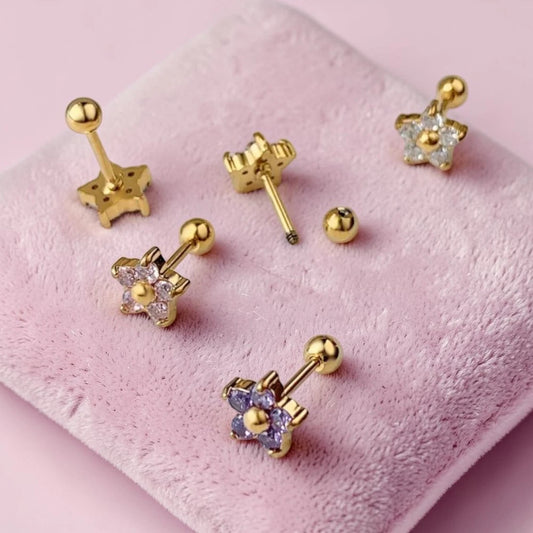 Children's Earrings - 18K Gold IP Surgical Steel Flower Screw Back Studs