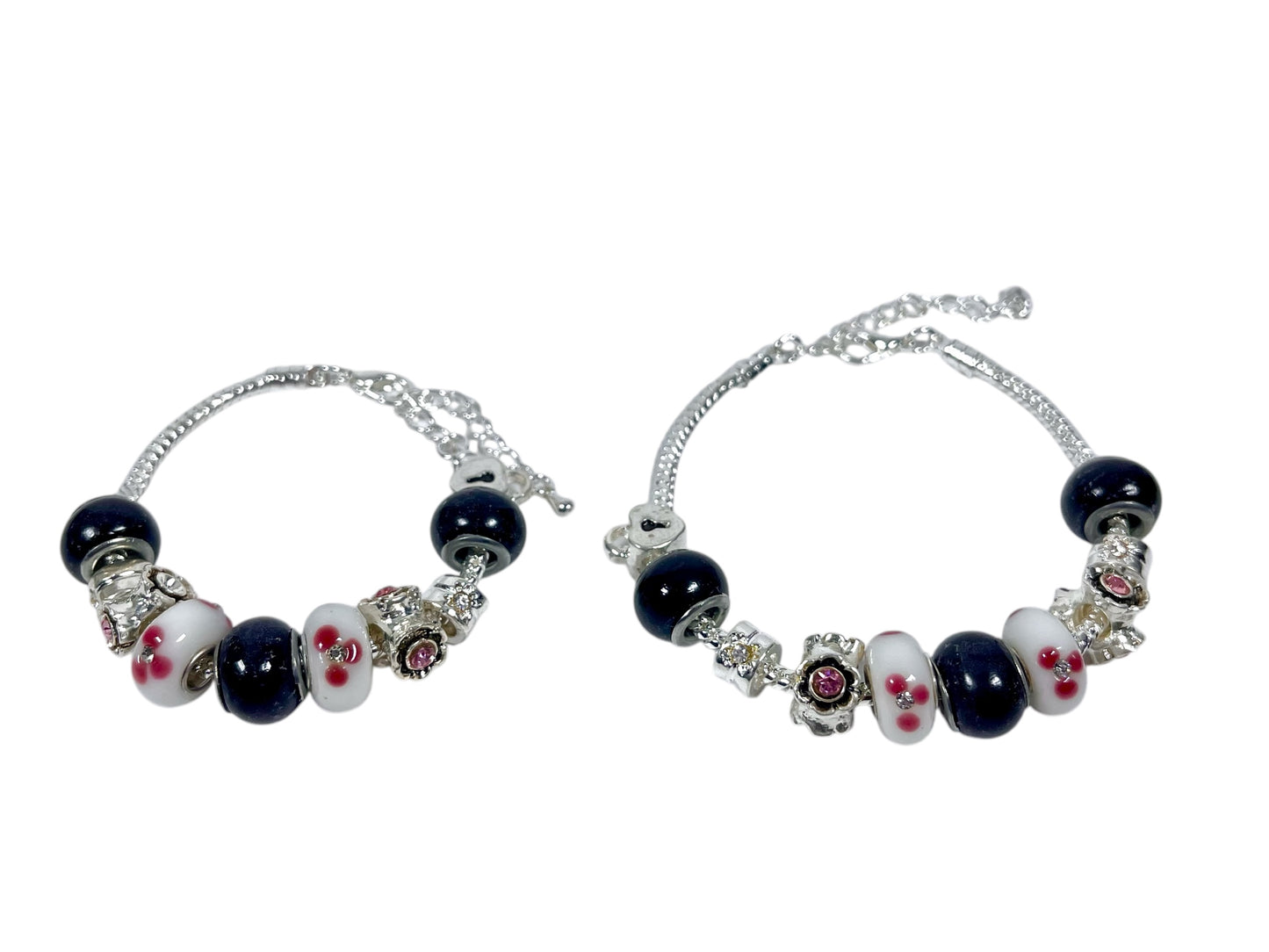 Baby and Children's Bracelets: European Style Bracelets with Pink, White and Black Lampwork Beads