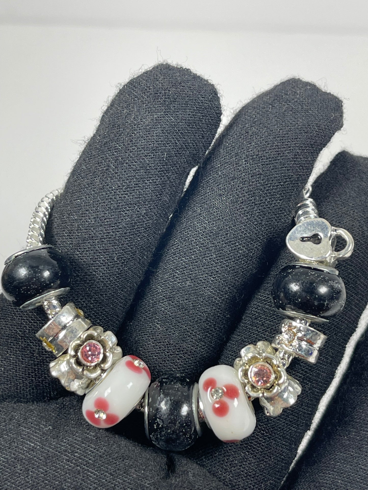 Baby and Children's Bracelets: European Style Bracelets with Pink, White and Black Lampwork Beads