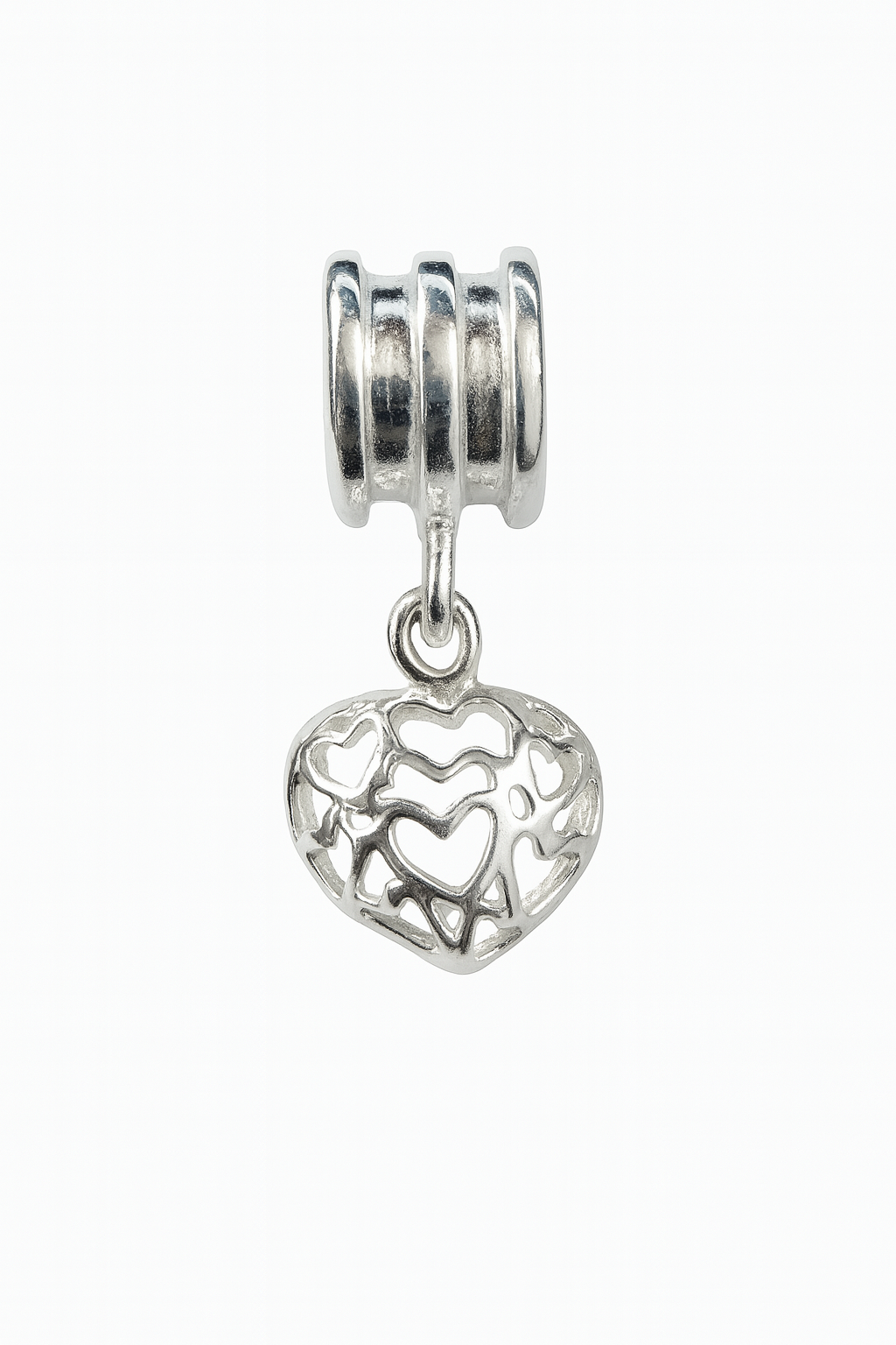 Close-up of a sterling silver charm on a white background: a ribbed cylindrical bail suspends an openwork heart pendant made of interlocking heart shapes, with polished surfaces and delicate detailing.