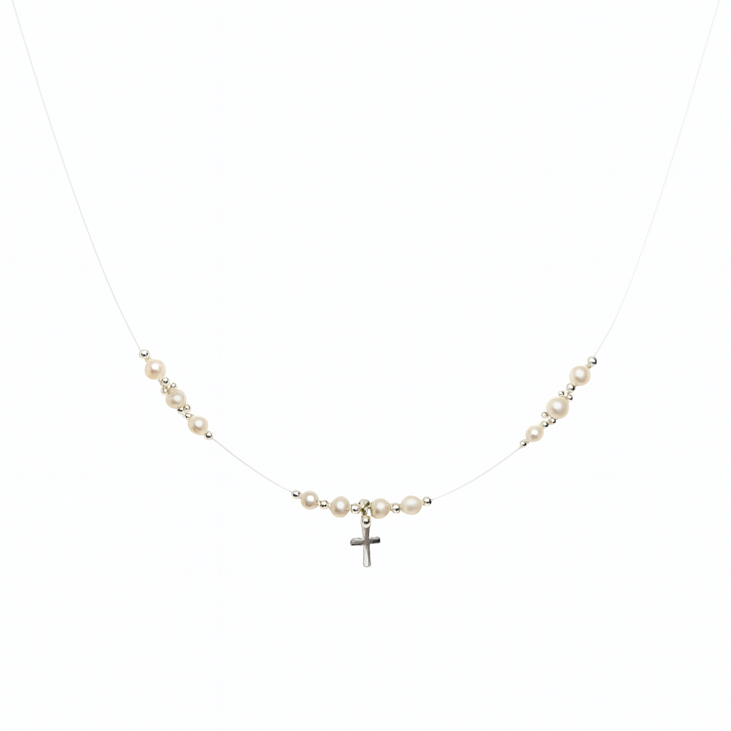 Necklace with pearls and a cross pendant on a white background