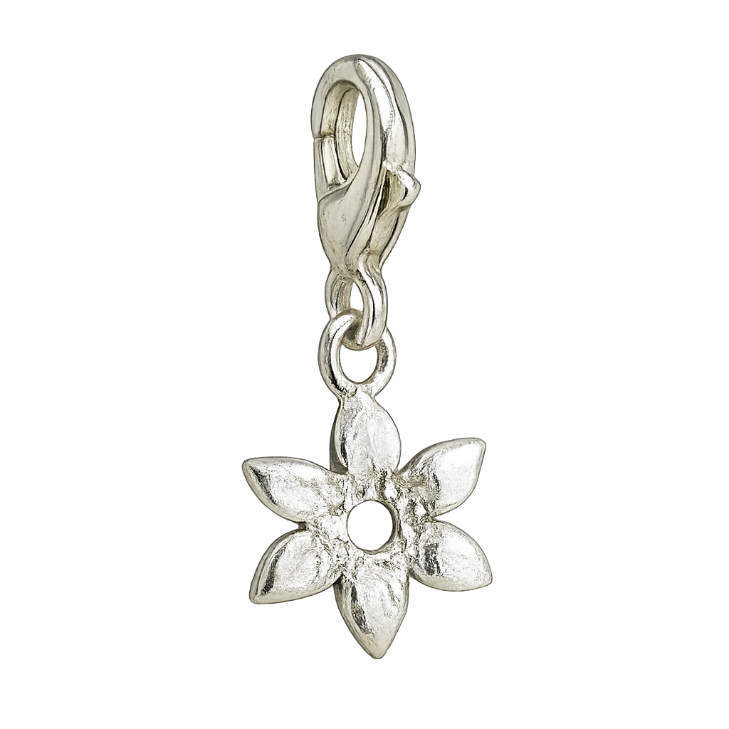 Silver flower-shaped charm on a white background