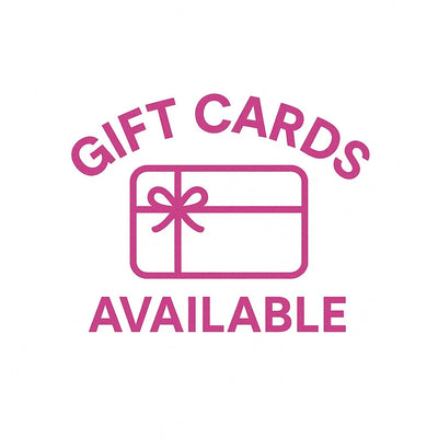 Pink 'Gift Cards Available' sign with a gift icon on a white background