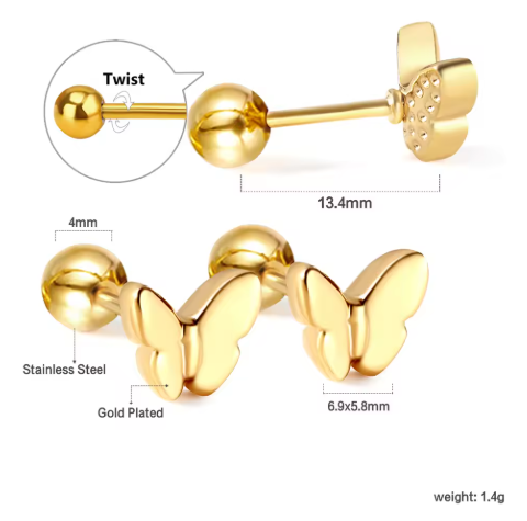 Baby and Children's Earrings: 18k Gold Plated Surgical Steel Butterflies with Screw Backs