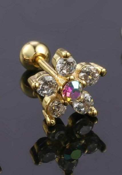 A gold-coloured surgical steel flower stud earring with clear cubic zirconia petals and an aurora borealis centre, attached with screw backs.