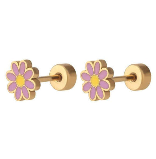 Two gold‑plated stainless‑steel barbell earrings shown side by side, each topped with a lavender‑enamel daisy (eight rounded petals around a yellow centre) on a straight post and secured by a matching cylindrical screw‑on backing.