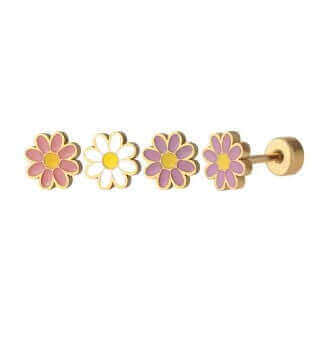 Row of four gold‑plated enamel daisy earring heads—pink, white, purple, and pale‑pink petals each surrounding a yellow centre—followed on the right by one of the daisies mounted on its barbell post with a cylindrical screw‑on backing.