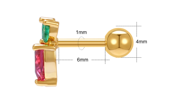 Gold strawberry earring with red and green cubic zirconia and measurements on a white background