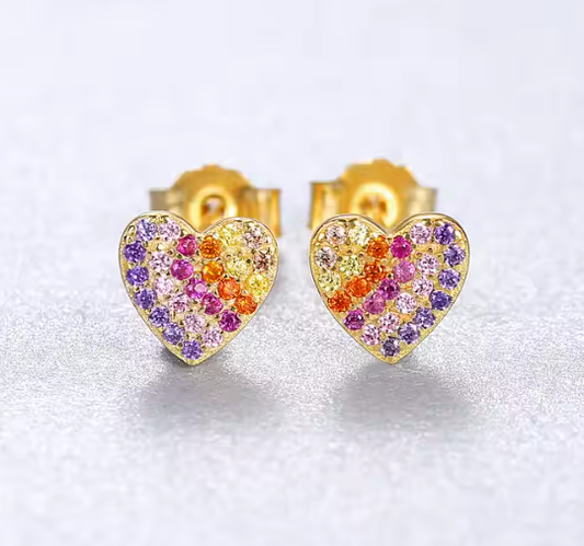 Pair of 14K gold plated 925 sterling silver rainbow CZ heart earrings