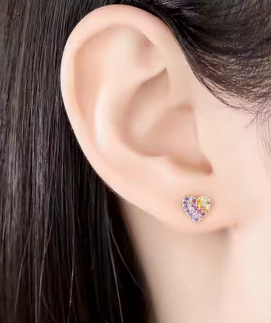 Tiny colourful heart-shaped earrings worn on ear – suitable for kids, teens, or mums