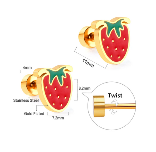 A pair of gold-coloured surgical steel earrings designed as red strawberries on a white background with measurements