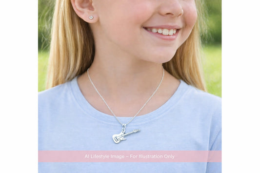 A girl wearing a sterling silver Italian-made guitar necklace, showcasing stylish children's necklaces.