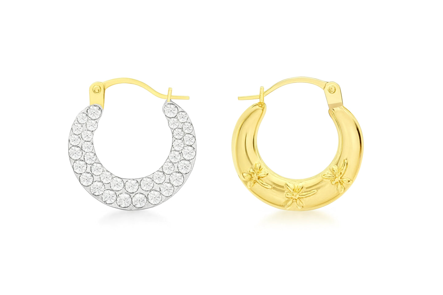 A pair of 9k gold double-sided earrings, one side featuring a dragonfly design and the other encrusted with cubic zirconia, in a hinged Creole-style hoop.