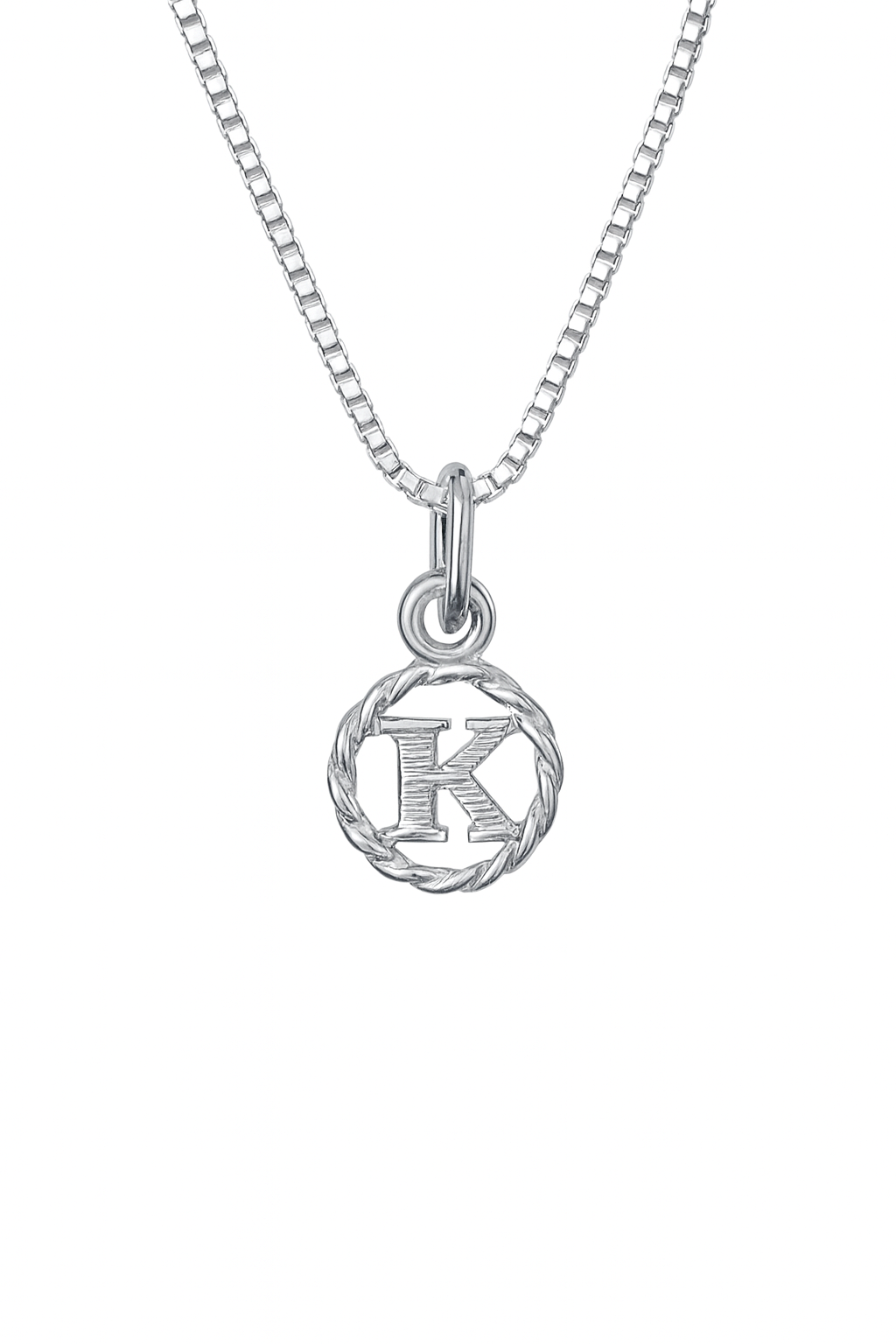Silver necklace with a circular pendant featuring the letter 'K' on a white background
