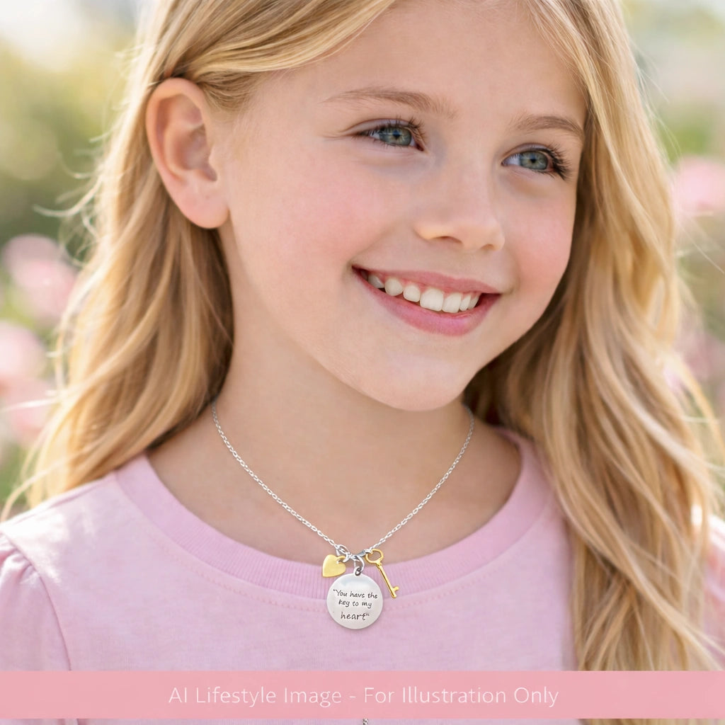 Children's necklaces featuring a sterling silver charm with the message 'You have the key to my heart'.