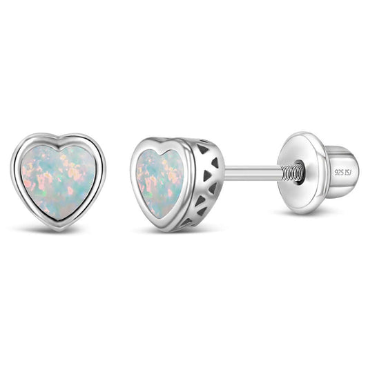 Heart-shaped opal earrings with silver setting on a white background