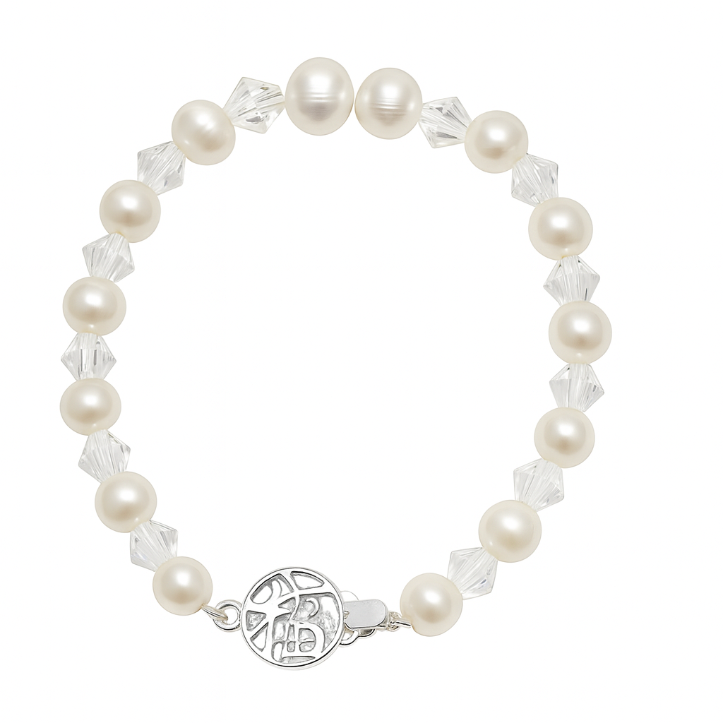 Pearl and crystal bracelet with a silver clasp on a white background