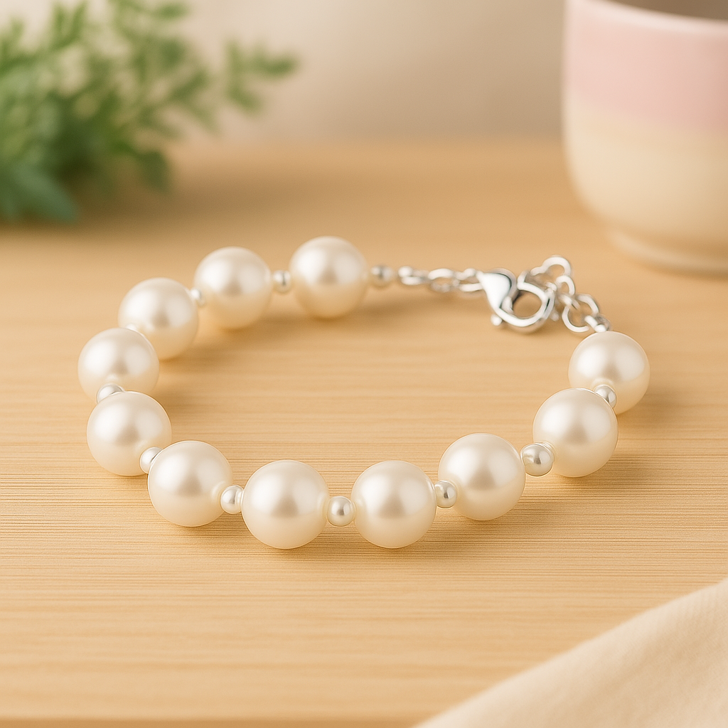 Close-up of a pearl bracelet resting on a light wood table, featuring alternating large and small creamy-white pearls strung on a fine silver chain with a lobster clasp and extension, softly lit against a gently blurred backdrop with a pastel ceramic cup and a touch of greenery