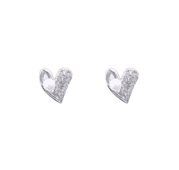 Heart-shaped silver earrings with a sparkling finish on a white background