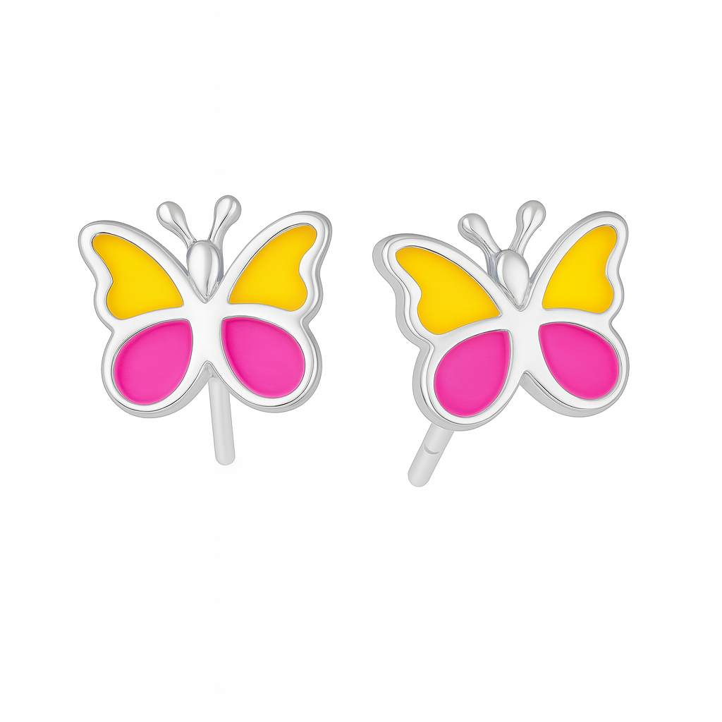 Butterfly-shaped earrings with pink centers and yellow wings on a white background