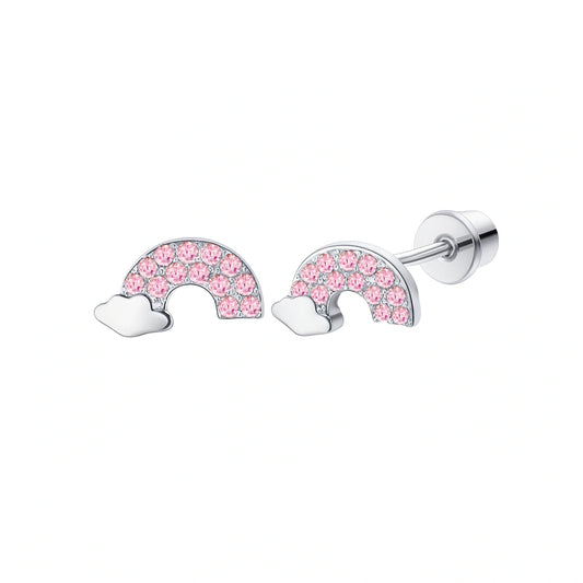 Pair of rainbow-shaped earrings with pink cubic zirconia stones on a white background