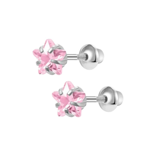 A pair of claw set Pink cubic zirconia star stud earrings with screw backs