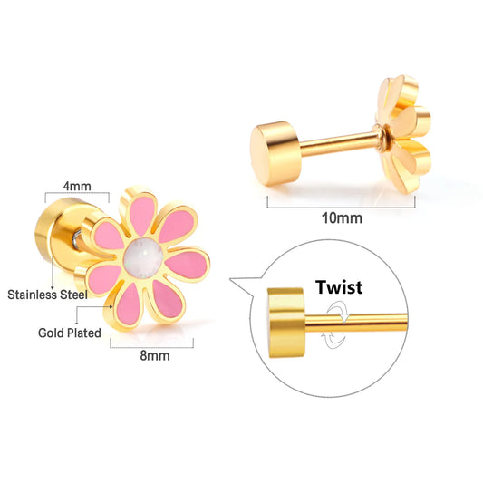 Daisy earrings featuring 8mm pink studs with gold plating and surgical steel screw backs, elegant design for kids and teens.