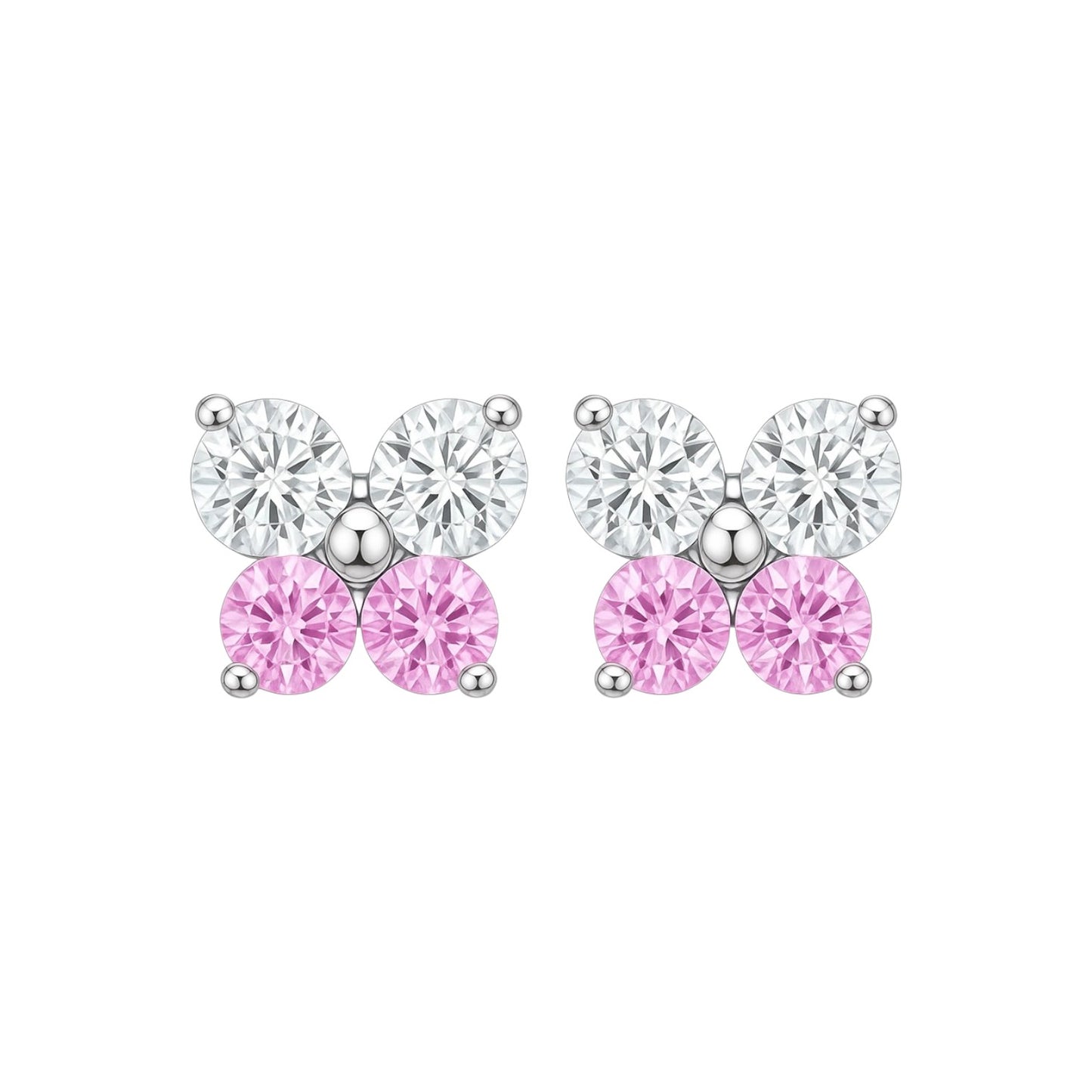 Pair of earrings with butterfly design and pink gemstones on a white background