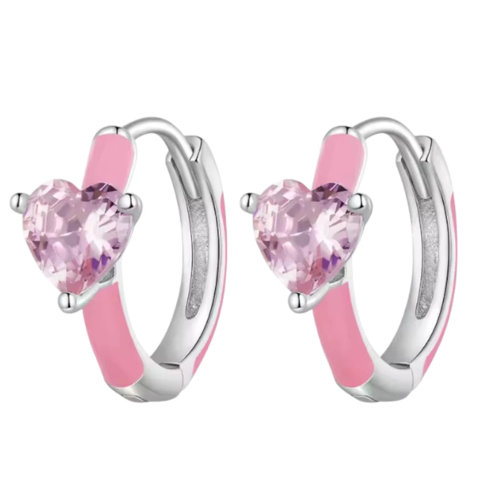 Heart hoop earrings featuring pink enamel and sparkling AAAAA cubic zirconia in heart shape, crafted in 925 sterling silver.
