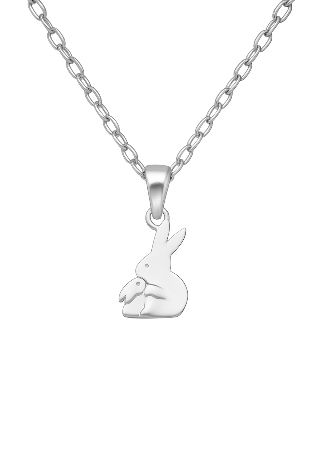 Product image of a silver pendant necklace featuring a rabbit cuddling a smaller bunny, displayed on a delicate silver chain against a clean white background