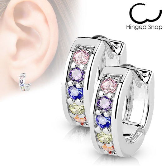 Rainbow CZ huggies showcased in surgical steel, featuring vibrant multi-colour zirconia stones for children.