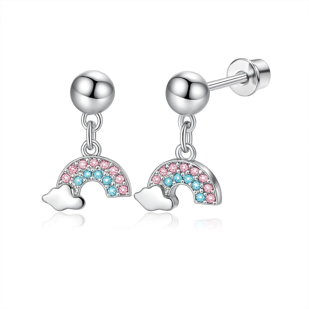 Rainbow dangle earrings featuring pink and blue CZ with surgical steel screw backs for children and teens.