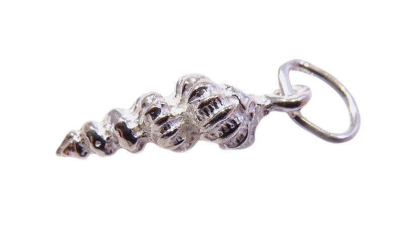Silver spiral shell pendant on a white background