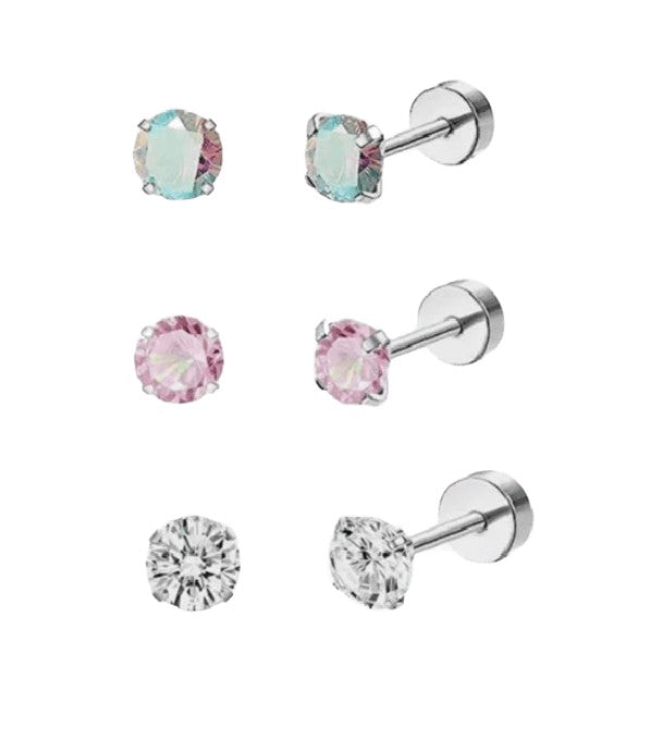 A set of three pairs of baby and children's earrings, featuring surgical steel round studs in silver, pink, and clear colors, each with screw back closures.