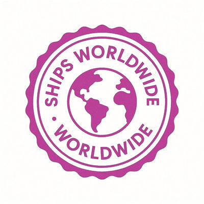 Purple 'Ships Worldwide' stamp with world map on a white background