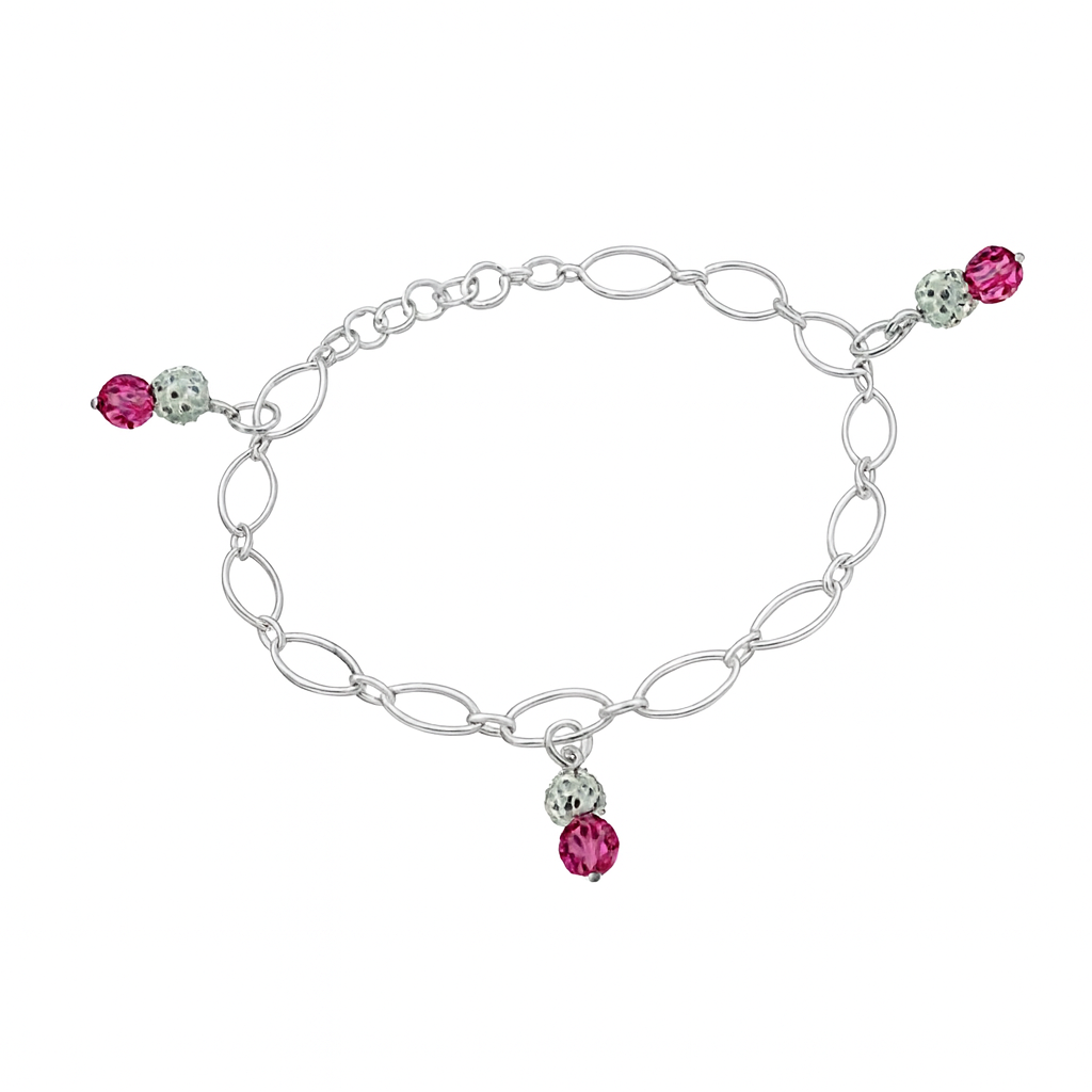 Silver bracelet with pink beads on a white background