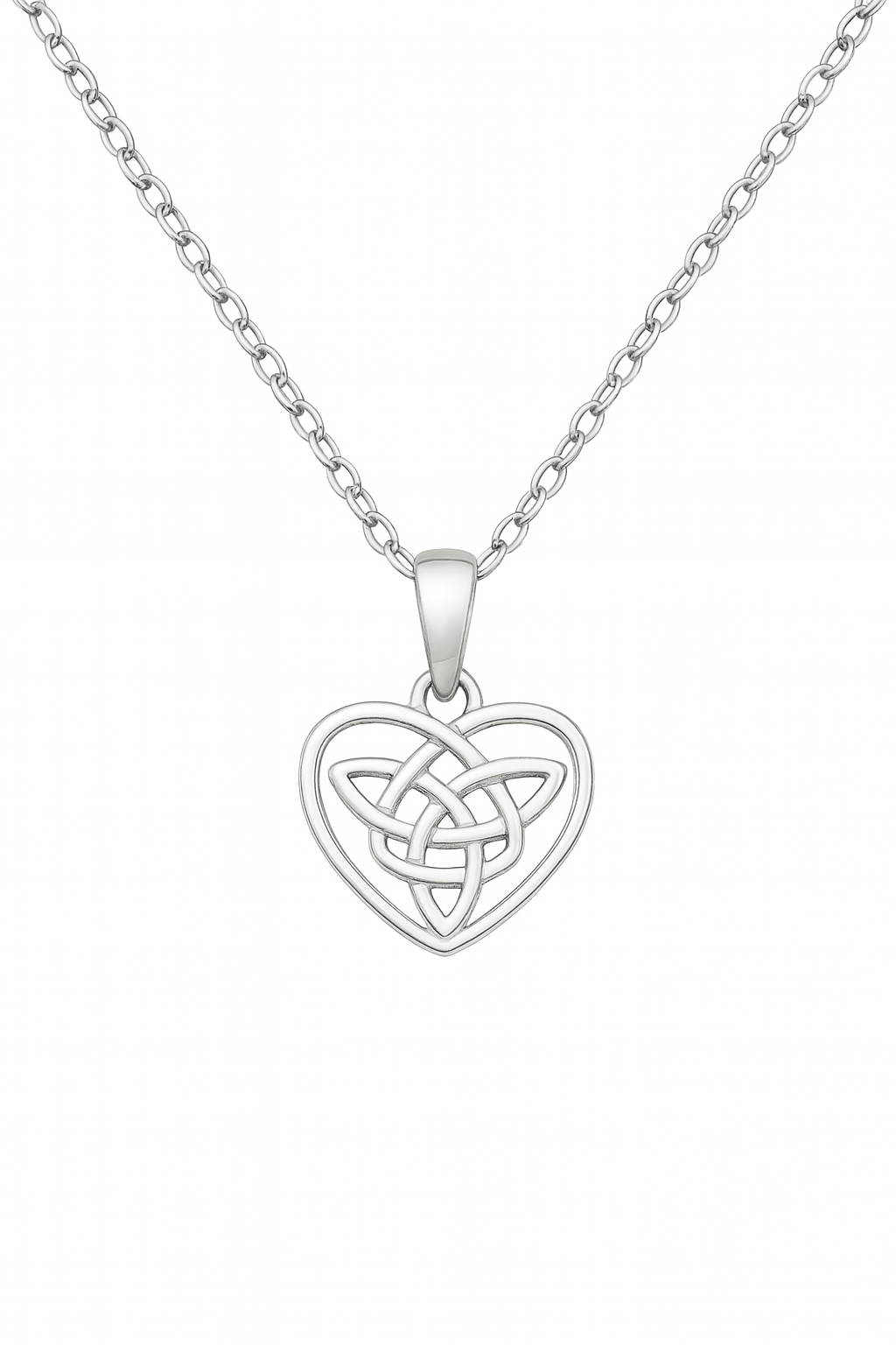 Sterling silver necklace on a white background, featuring a delicate oval-link chain and a heart-shaped pendant with an openwork Celtic knot design framed by a smooth polished heart outline.