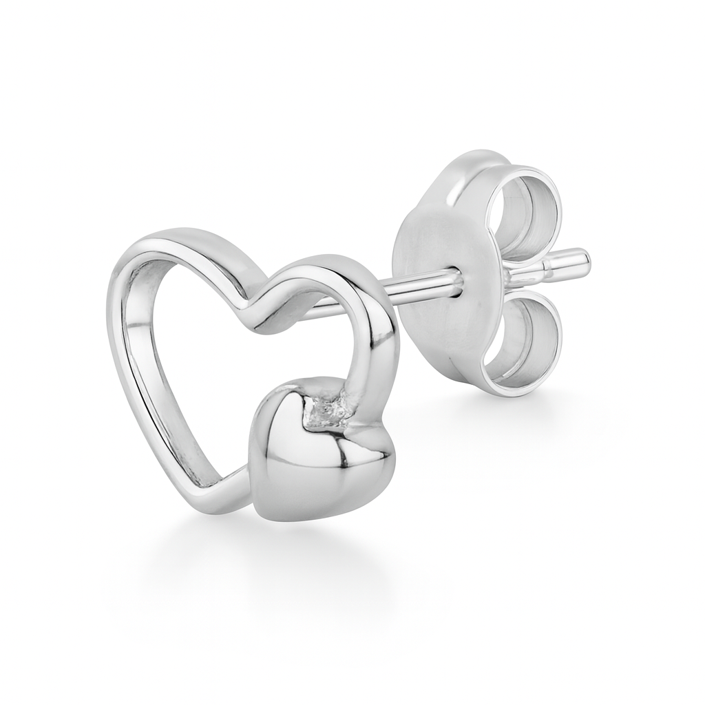 Silver heart-shaped earrings on a white background